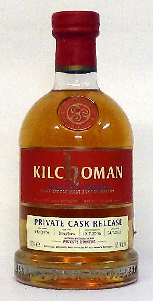 1 bottle of Kilchoman Private Cask Release, distilled 12.7. 2006, bottled 24.7.2016, Bourbon cask, 700ml, 52.1% alc/vol;