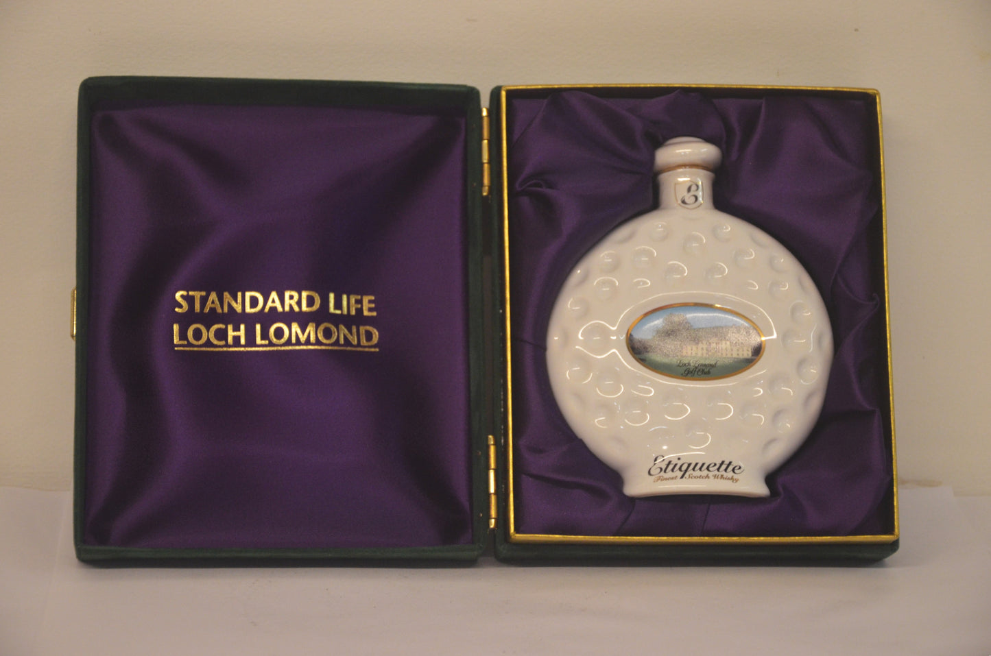 Standard Life Loch Lomond Cased Etiquette, Finest Scotch Whisky Novelty Decanter in the form of a golf ball in fitted case, 1998 Scottish Open in Loch Lomond