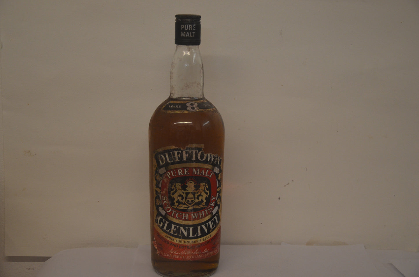 1980s Dufftown Glenlivet Pure Malt 8 Year Old 1 Litre Label damage